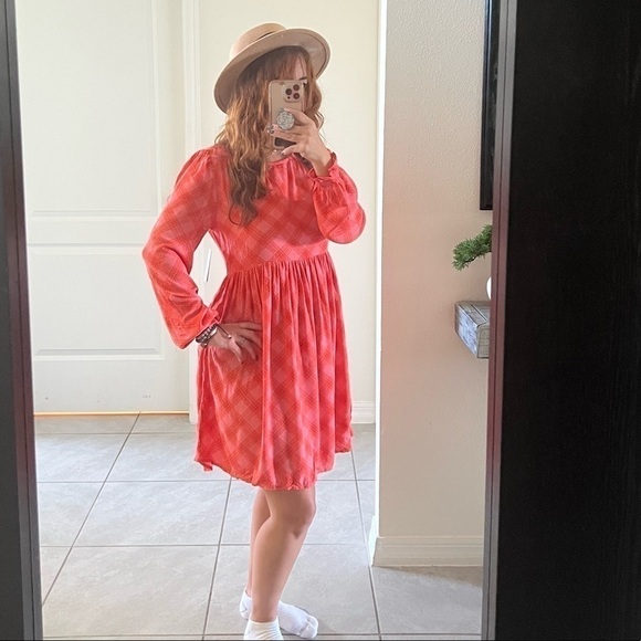 BP Plaid babydoll dress balloon sleeves long sleeves tangerine orange pink NWT - Picture 3 of 11